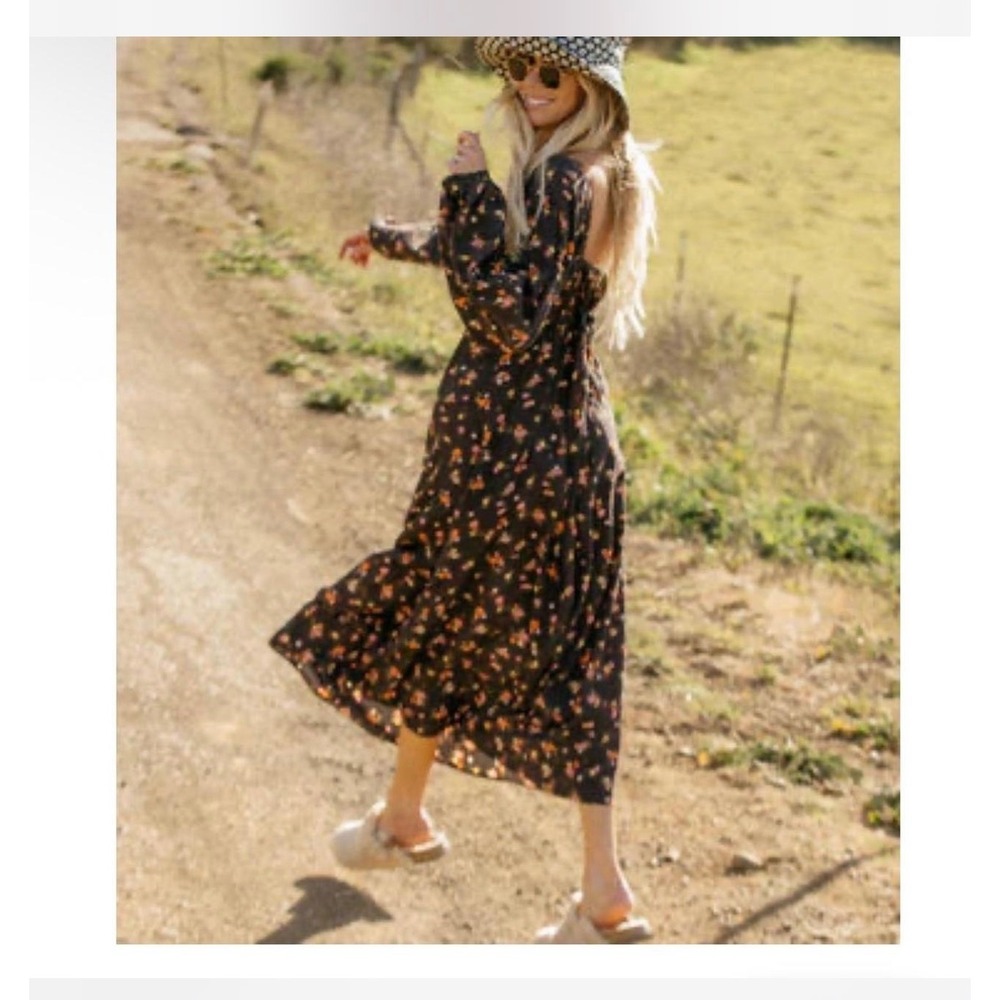 Billabong Floral Midi‎ Dress Women Size Medium Black Smocked Balloon Sleeve